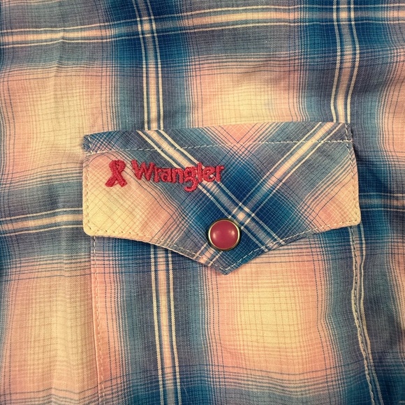 Wrangler Western Blue Plaid Pearl Button Breast Cancer Awareness Shirt Sz L - Picture 7 of 12